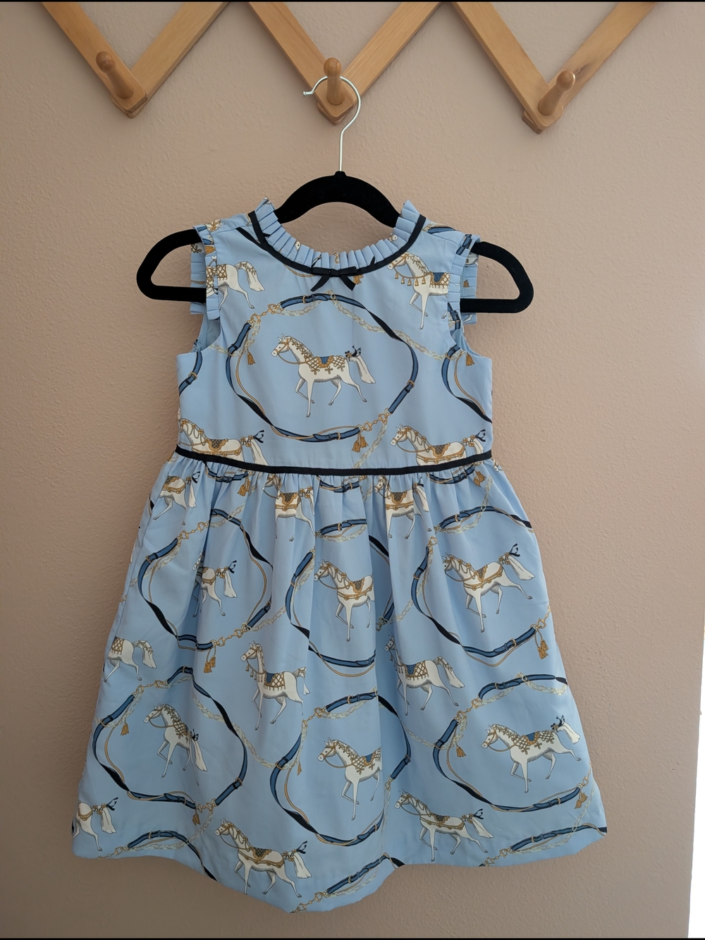 Janie and Jack Light Blue Horse-Print Ruffle Dress with Navy Trim Size 3